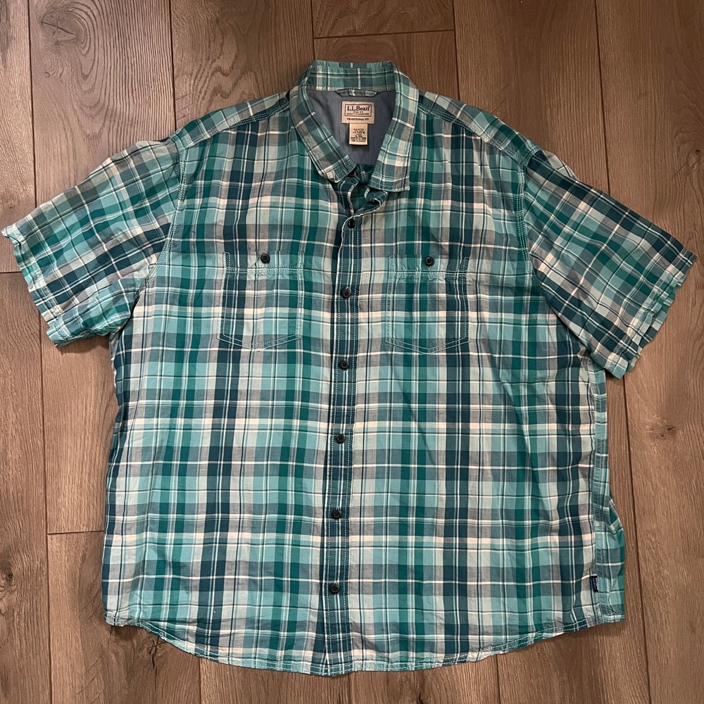 LL Bean Mens Linen Blend Short Sleeve Plaid Button Down Shirt Teal White XL